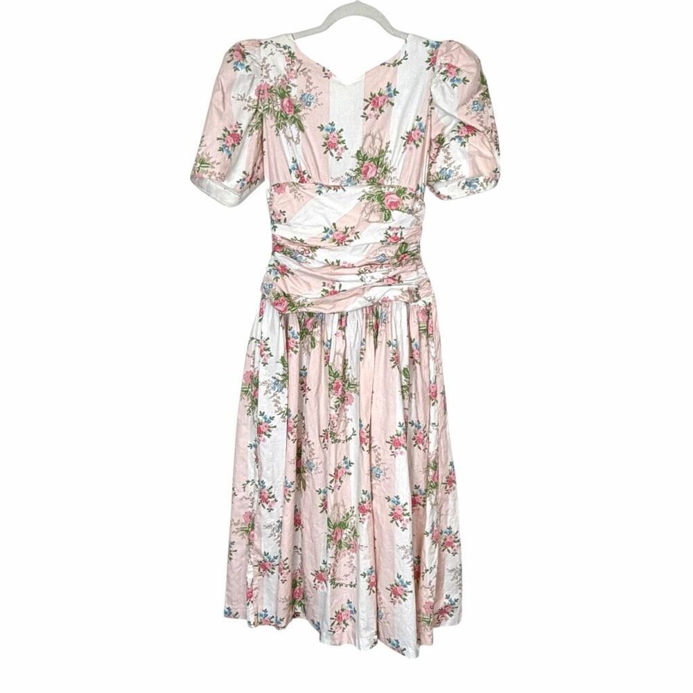 Vintage Misty Lane Midi Dress Women Pink White Stripe Floral Short Sleeve Praire